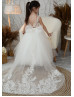 Ivory Shiny Lace Tulle Cute Flower Girl Dress With Detachable Train